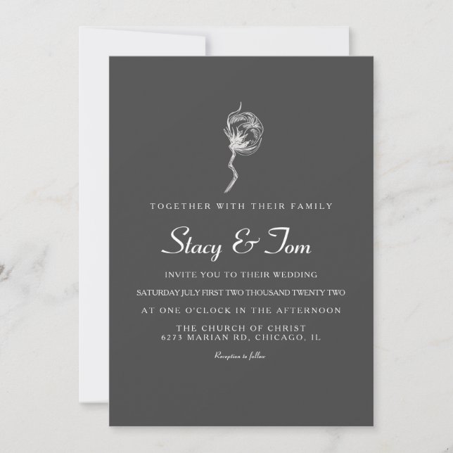 Elegant Cotton Plant Grey Wedding Invitation (Front)