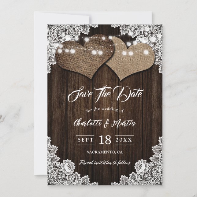 Elegant Country Burlap Floral Lace Wood Wedding Save The Date (Front)