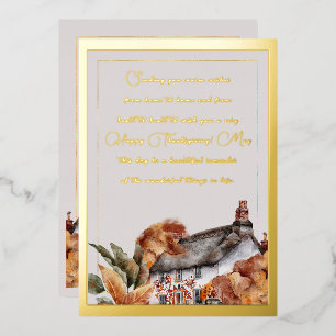 Elegant Country Home Autumn Leaves Gold Script Foil Holiday Card