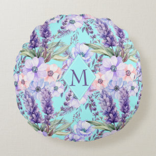 Elegant Country Lavender Floral Turquoise Monogram Round Pillow