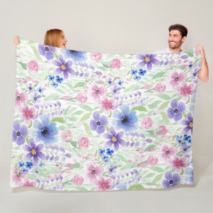 Elegant Country Pink Purple Blue Watercolor Flower Fleece Blanket