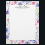 Elegant Country Pink Purple Blue Watercolor Flower Letterhead<br><div class="desc">This modern and elegant pattern is perfect for the summer and spring seasons. It features a pink, purple, blue, green, black, and yellow hand-painted watercolor flowers and leaves pattern on top of a white simple background.***IMPORTANT DESIGN NOTE: For any custom design request such as matching product requests, colour changes, placement...</div>