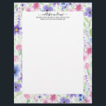 Elegant Country Pink Purple Blue Watercolor Flower Letterhead<br><div class="desc">This modern and elegant pattern is perfect for the summer and spring seasons. It features a pink, purple, blue, green, black, and yellow hand-painted watercolor flowers and leaves pattern on top of a white simple background.***IMPORTANT DESIGN NOTE: For any custom design request such as matching product requests, colour changes, placement...</div>