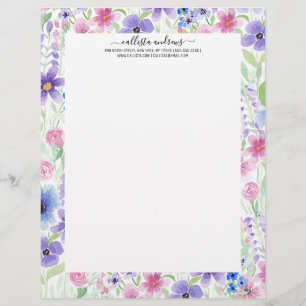 Elegant Country Pink Purple Blue Watercolor Flower Letterhead