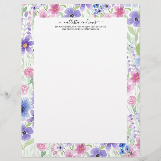 Elegant Country Pink Purple Blue Watercolor Flower Letterhead (Front)