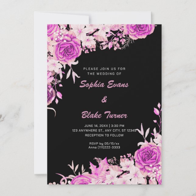 Elegant Country Pink Roses Black Wedding Invitation (Front)