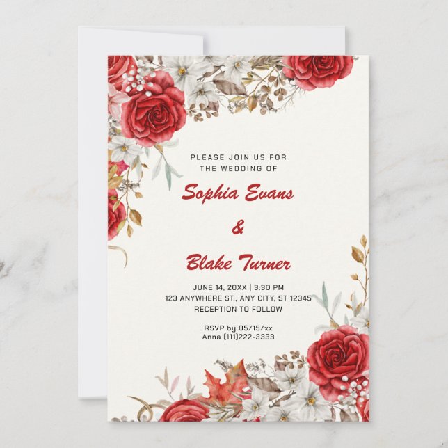 Elegant Country Red Roses Fall White Cream Wedding Invitation (Front)