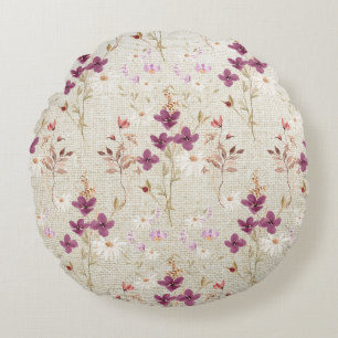 Elegant Country Rustic Floral Burlap Round Pillow