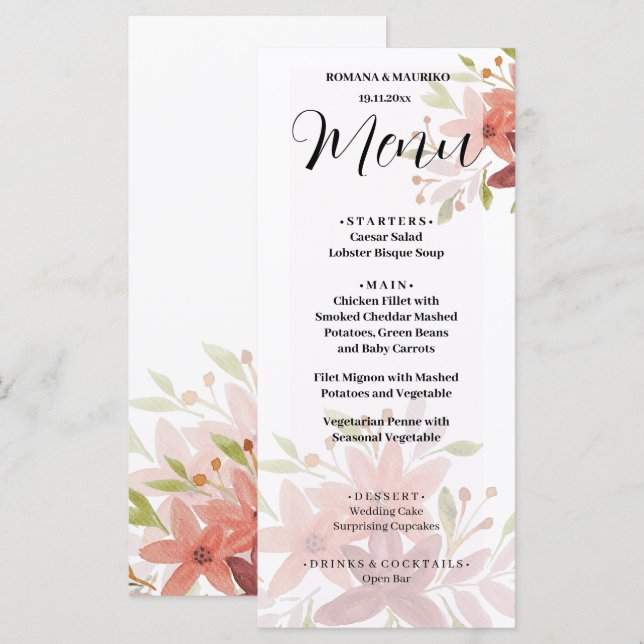 Elegant Country Watercolor Floral Terracotta Blush Menu (Front/Back)