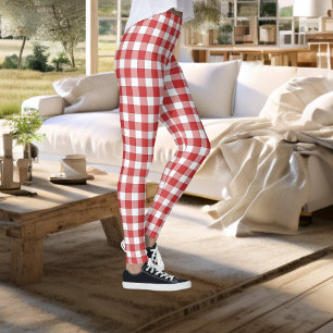 Elegant Countryside Picnic White Red Chequered Leggings