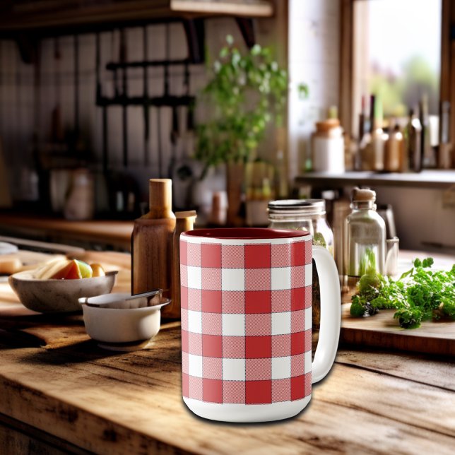 Elegant Countryside Picnic White Red Chequered Two-Tone Coffee Mug (Creator Uploaded)