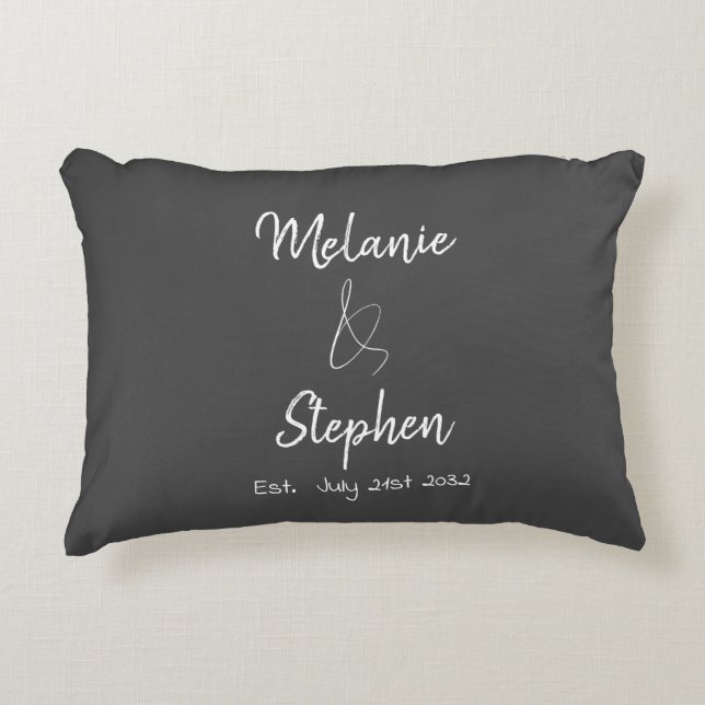 Elegant Couple Names Date Script Typography Grey Accent Pillow (Front)