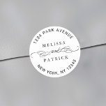 Elegant Couple Names Wedding Return Address Classic Round Sticker<br><div class="desc">Black and white elegant sticker with your names and return address.</div>