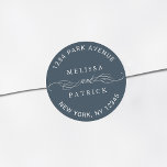 Elegant Couple Names Wedding Return Address Navy Classic Round Sticker<br><div class="desc">Black and white elegant sticker with your names and return address.</div>