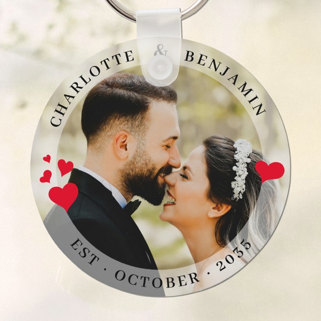 Elegant Couple Photo Red Hearts Wedding Keychain (Creator Uploaded)