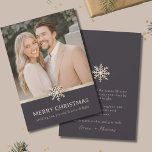 Elegant Couple's Christmas Flat Card<br><div class="desc">Celebrate the season of love and togetherness with our Elegant Couple's Christmas Flat Card. The front showcases your elegant photo beautifully adorned with a sophisticated snowflake design. On the back, a dark background highlights the snowflake, while a customizable "Merry Christmas" message, accompanied by an elegant script signature, adds a personal...</div>