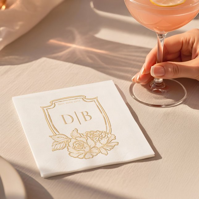 Élégant Couples de crête florale Monogramme Mariag (Elegant Floral Crest Couples Monogram Wedding Date Foil Napkins)