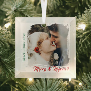 Elegant Couples First Christmas Merry and Married Glass Ornament