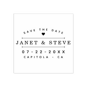 Elegant Couple's Names & Cute Heart Save The Date Rubber Stamp