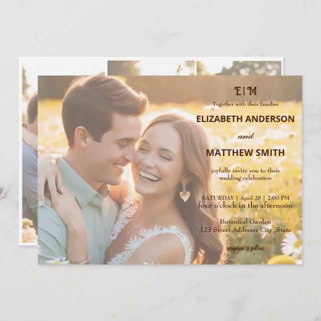 Elegant couples portrait rustic 4 photo wedding invitation (Front/Back)