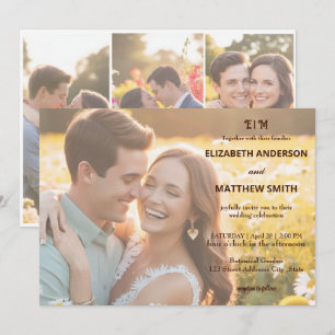 Elegant couples portrait rustic 4 photo wedding invitation