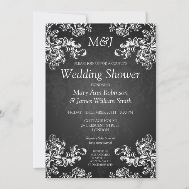 Elegant Couples Shower Vintage Swirls 2 Black Invitation (Front)