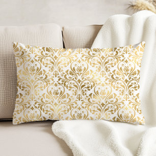 Élégant Coussin de Jeté en Damassé Doré et Blanc d