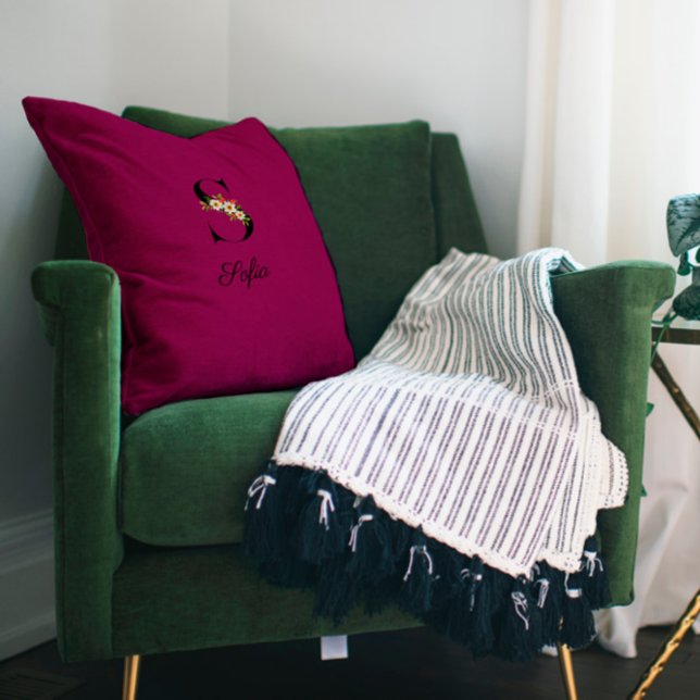 Élégant coussin décoratif monogramme hibiscus bord (Créateur téléchargé)