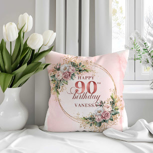Élégant Coussin Fleurs Or Rose 90e Anniversaire