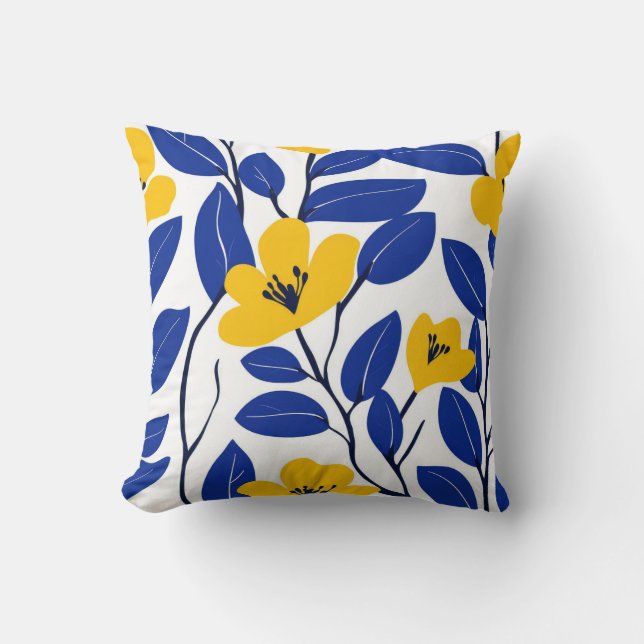 Élégant Coussin Floral Jaune et Feuille Bleue (Recto)