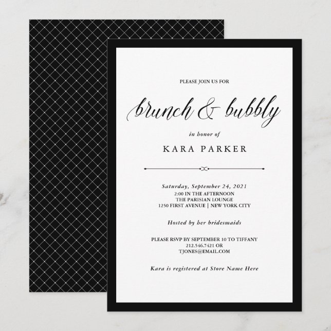 Elegant Couture Black and White Brunch and Bubbly Invitation (Front/Back)