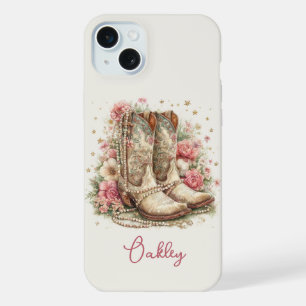 Elegant Cowgirl Boots with Flowers Monogrammed iPhone 15 Plus Case