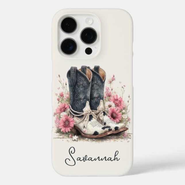 Elegant Cowhide Boots with Flowers Monogrammed Case-Mate iPhone Case (Back)