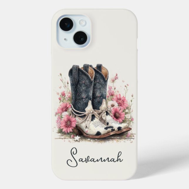 Elegant Cowhide Boots with Flowers Monogrammed Case-Mate iPhone Case (Back)