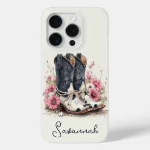 Elegant Cowhide Boots with Flowers Monogrammed iPhone 15 Pro Case