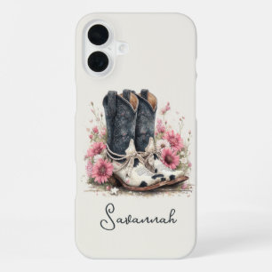 Elegant Cowhide Boots with Flowers Monogrammed iPhone 16 Plus Case
