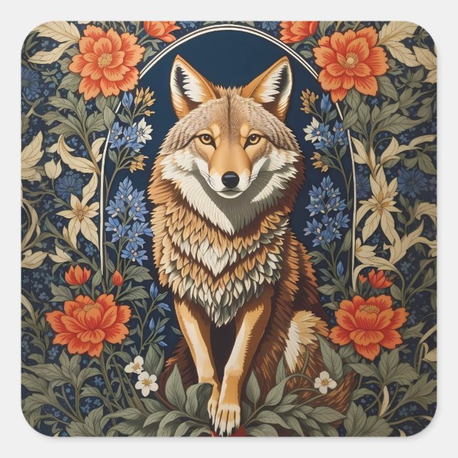 Elegant Coyote William Morris Inspired  Square Sticker (Front)