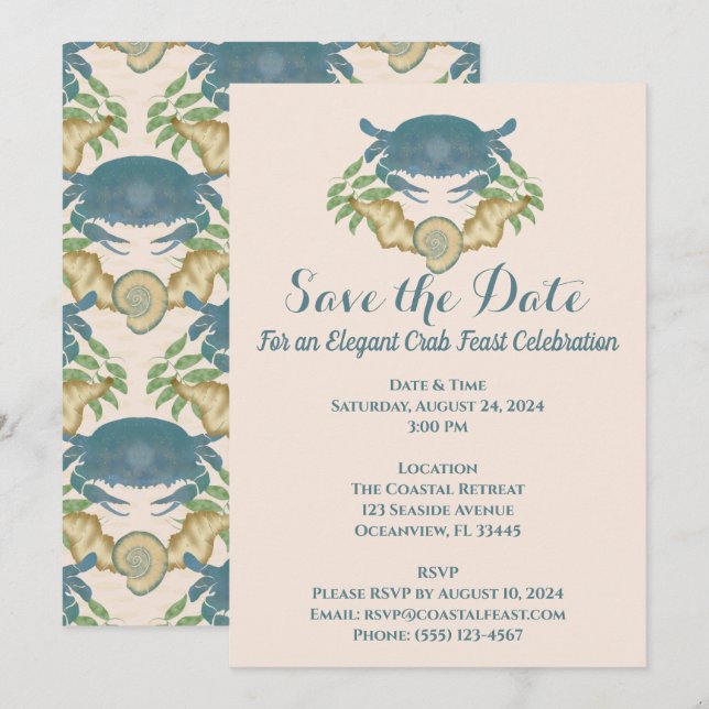 Elegant Crab Feast-Watercolor Blue Crabs, Seashell Invitation (Front/Back)