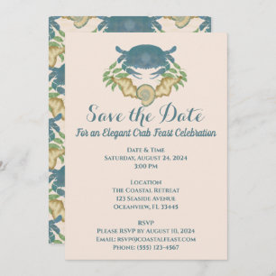 Elegant Crab Feast-Watercolor Blue Crabs, Seashell Invitation