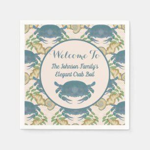 Elegant Crab Feast-Watercolor Blue Crabs, Seashell Napkin