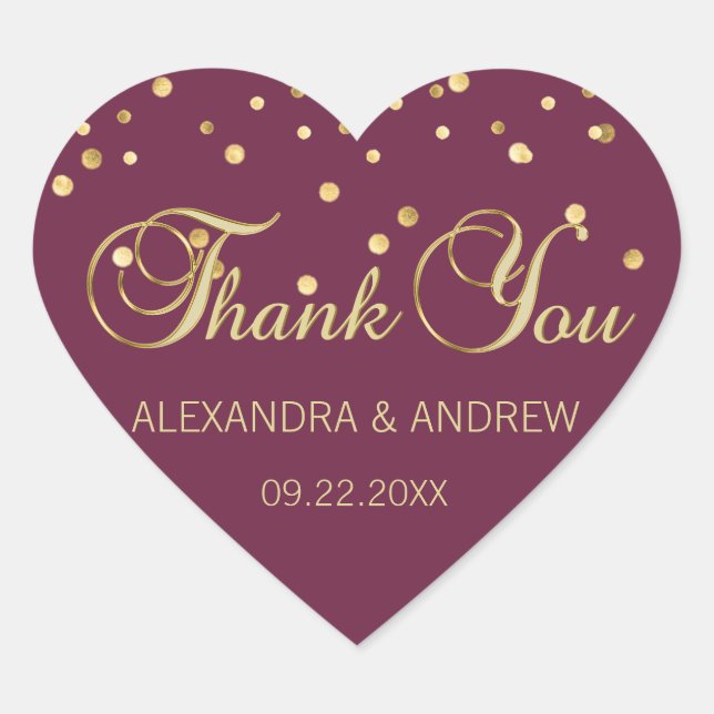 Elegant CRANBERRY Gold Wedding Heart Thank You Heart Sticker (Front)