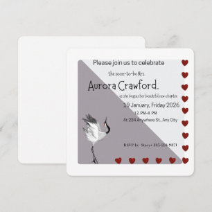 Elegant Crane and Red Hearts Modern Square Bridal Invitation