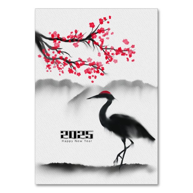 Elegant Crane Cherry Blossom New Year Table Card (Front)
