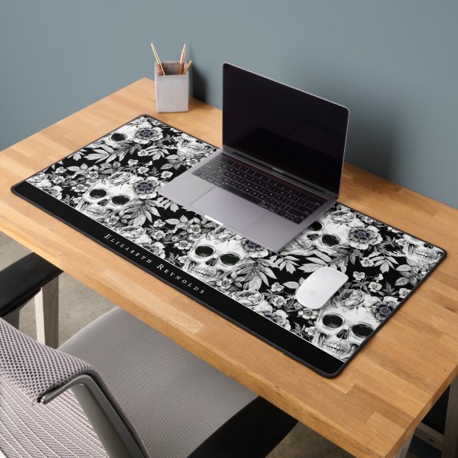 Elégant crâne floral foncé sur noir Personnalisé (Bureau 2)