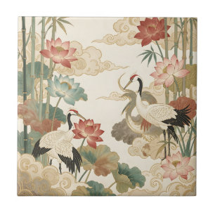 Elegant Cranes Lotus Bamboo Oriental Scene Tile