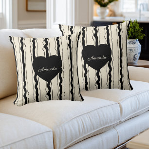Elegant Cream and Black Stripes Heart Custom Name Throw Pillow