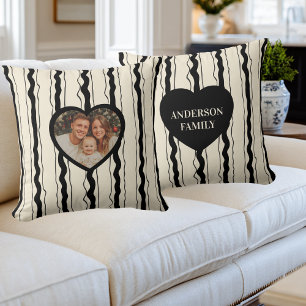 Elegant Cream and Black Stripes Heart Custom Photo Throw Pillow