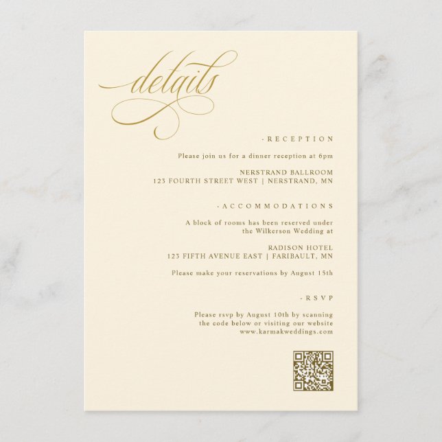Elegant Cream and Gold Wedding Details Enclosure Card (Front)