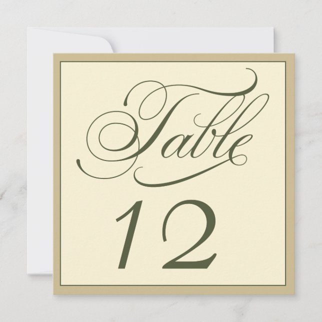 Elegant Cream and Green Script Table Number Card (Front)