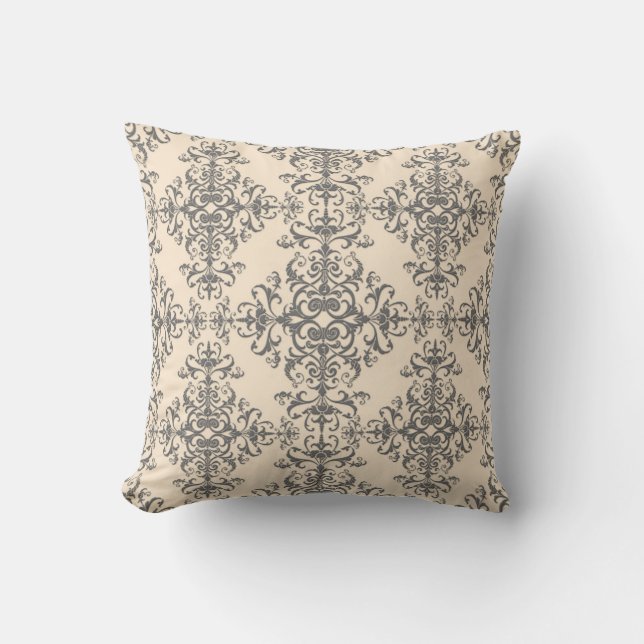 Elegant Cream and Grey Damask Style Pattern Throw Pillow (Front)